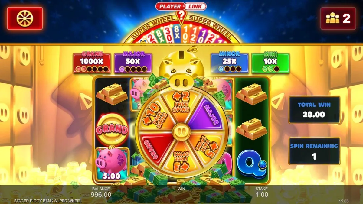 The Super Wheel feature: reels swept aside for a wheel of +2, +3, +5 and +10 free-spin slices plus Major and Grand segments, gold vault behind. Total Win 20.00, one spin remaining.