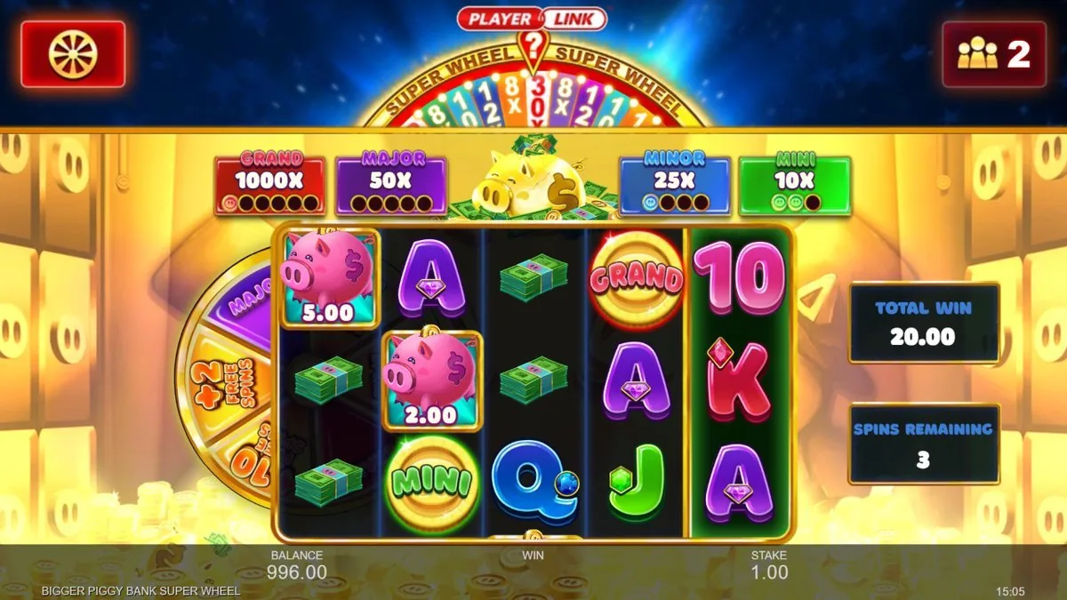 Free-spins round on the gold-vault background: cash pigs at 5.00 and 2.00, a Grand coin and a Mini coin on the reels, Total Win holding at 20.00 with three spins remaining.