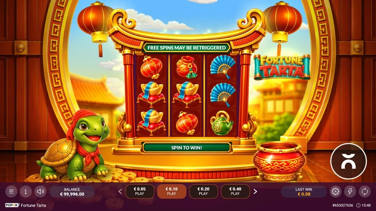 Feature reels running with the 'Free Spins May Be Retriggered' banner up top: red lanterns, gold ingots on pillows and a money bag filling the board, last win showing 0.08.