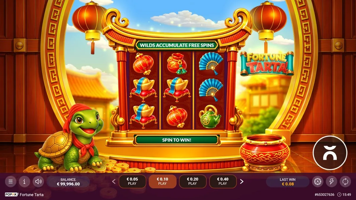 Free-spins round under the 'Wilds Accumulate Free Spins' banner — lanterns, ingots, a blue fan and a green teapot on the reels, the red collection pot waiting to the right, last win 0.08.