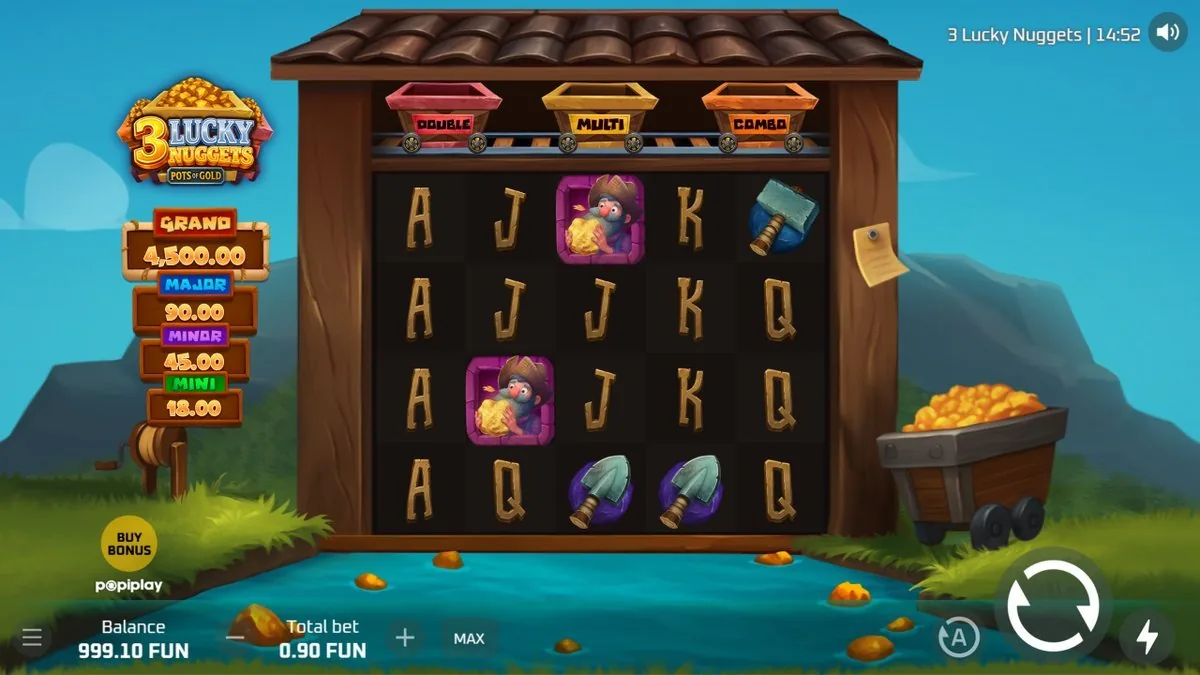 Base game in the pit-shed: the bearded miner symbol in its purple frame, hammers, a shovel and timber royals on the 5x4 grid, the Double/Multi/Combo carts on the rail up top and the prize ladder — Grand 4,500.00, Major 90.00 — hanging at the left.