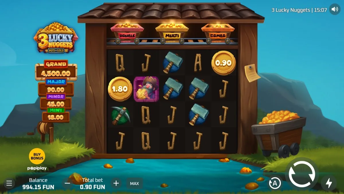 The collect round mid-respin: cash coins at 0.90 and 1.80 held on the reels with hammer and pickaxe symbols around them, the fixed-jackpot ladder from Grand 4,500.00 to 18.00 glowing on the left.