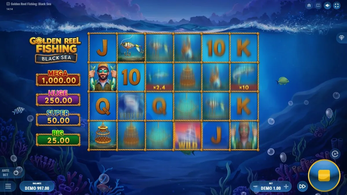 Base spin on the 6×4 rope-framed grid: card royals, the fisherman-collector bottom-left, a WILD low on the board, and money-fish carrying ×2.4 and ×10 values. The fixed ladder runs down the left — MEGA 1,000.00, HUGE 250.00, SUPER 50.00, BIG 25.00 at the DEMO 1.00 bet.