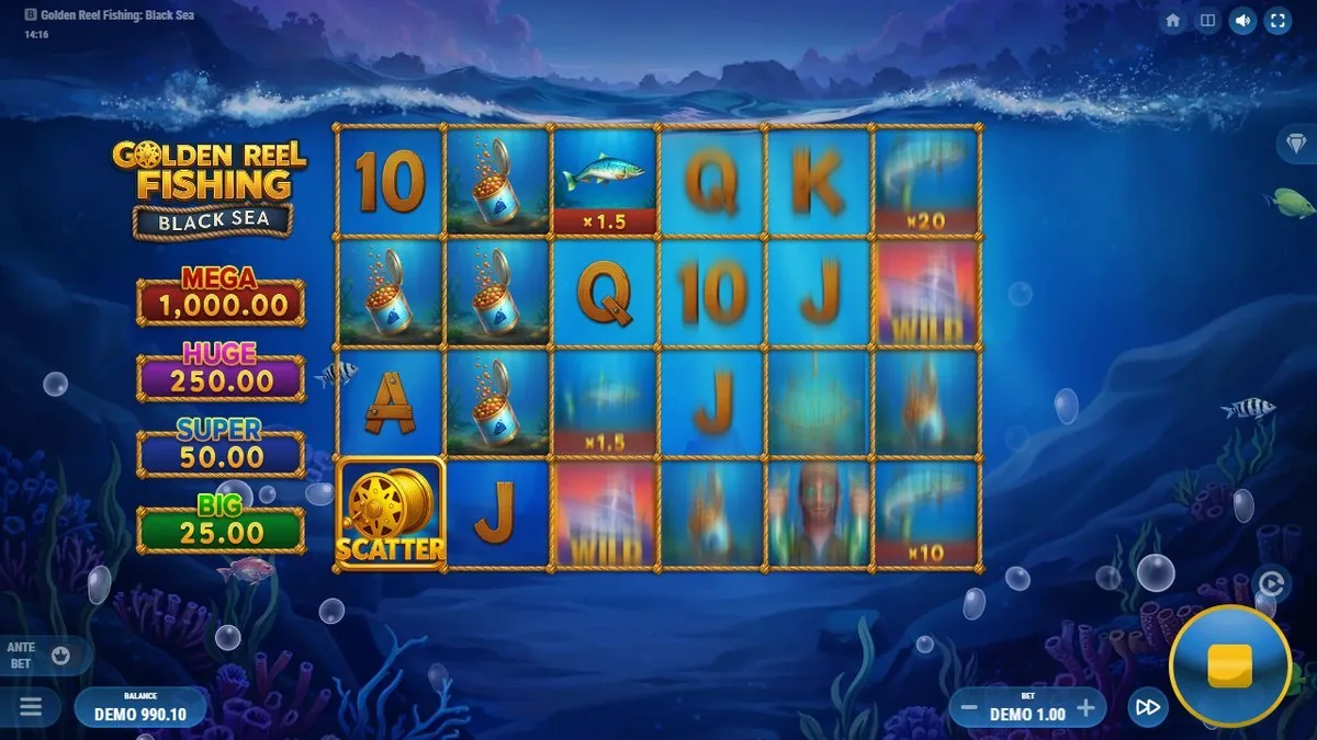 A golden fishing-reel SCATTER lands bottom-left while tin-can additive symbols and value-fish stack up — ×1.5, a ×10 and a ×20 on the right reel. Balance ticking at DEMO 990.10.