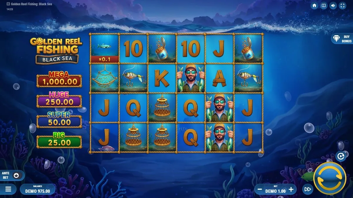 The Buy Bonus button lit top-right, fisherman-collector symbols filling reels four and five, and a ×0.1 value-fish up top — the money-collect setup mid-spin. I couldn't bank a completed hold-and-win in this capture, so there's no round total to quote.