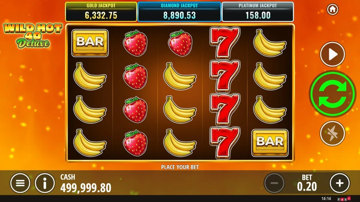 The 5×4 base grid: a gold BAR top-left, strawberries, bananas, a stacked red 7 on reel four, with the three progressive jackpots lit above — Gold 6,332.75, Diamond 8,890.53, Platinum 158.00. Bet 0.20, 'place your bet'.