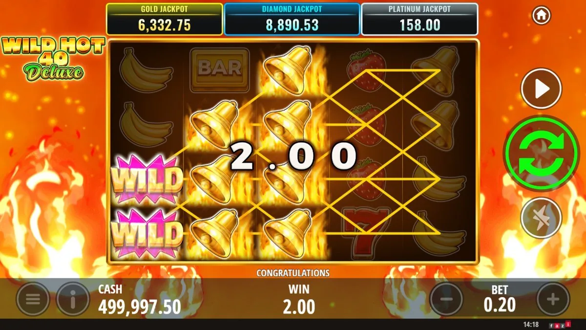 The real hit: two pink-burst WILDs stacked on reel one under a row of flaming bells, paylines lit gold and a 2.00 win banked on the 0.20 bet — a clean 10× the stake. 'Congratulations' up top.