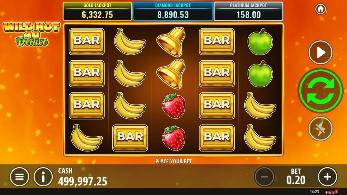 A BAR-loaded base board — gold BARs stacked across reels one and four, bananas and strawberries between, a golden bell up top — with the jackpots still ticking above. Bet 0.20, awaiting the next spin.