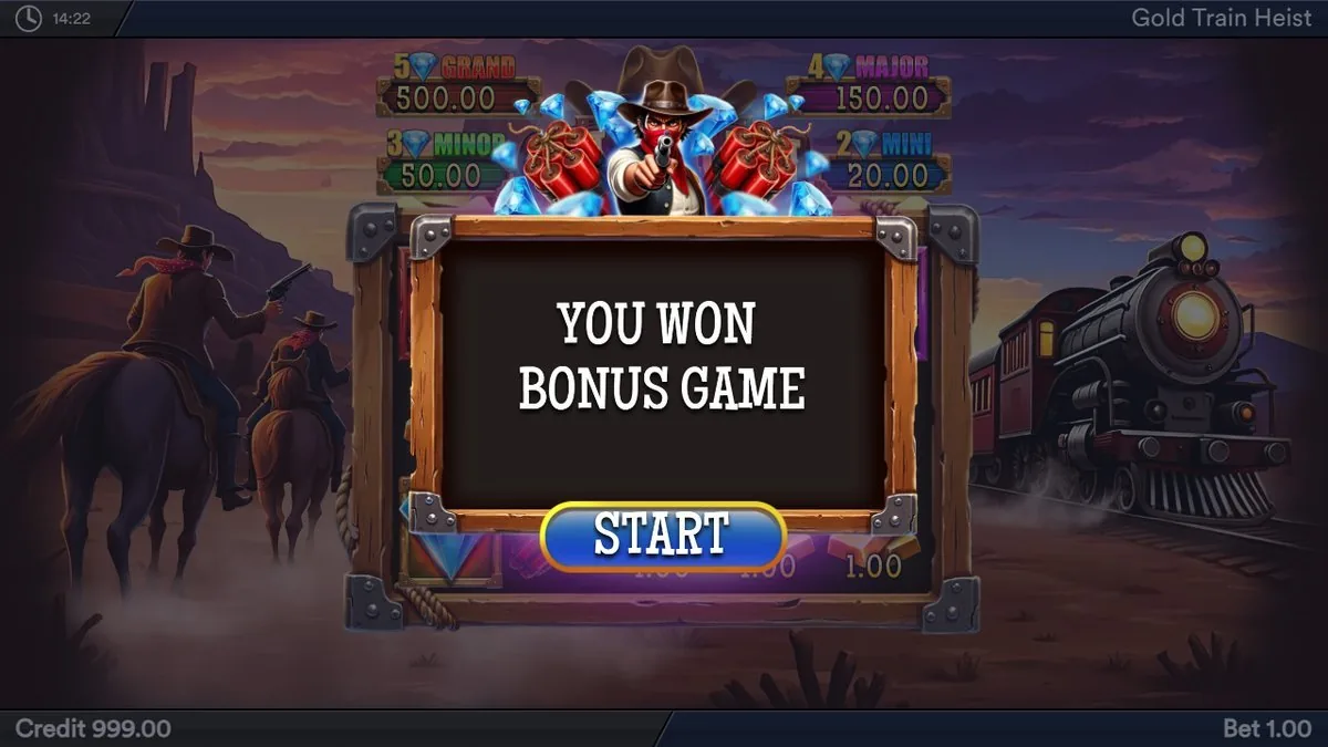 The bonus trigger card: a masked gunslinger framed by blue jackpot diamonds and red dynamite, YOU WON BONUS GAME across the reels with a START button. Credit 999.00 at a 1.00 bet.