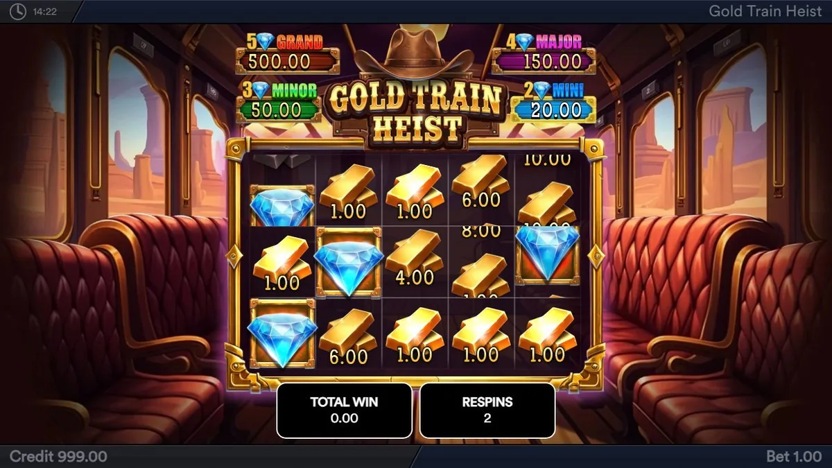 Inside the train carriage for the Hold-and-Win: gold bars and blue diamonds locked with 1.00, 4.00, 6.00, 8.00 and 10.00 coin values, Total Win 0.00 and Respins 2 on the counter.