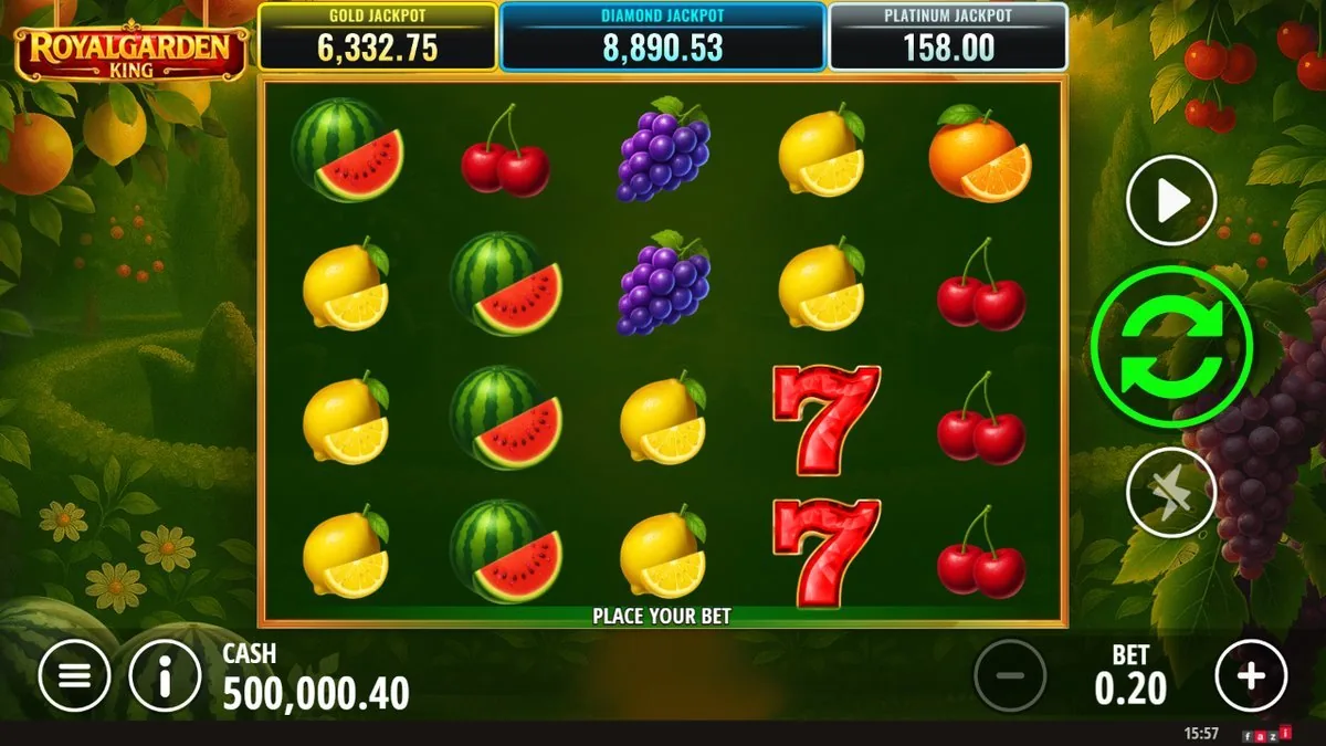 The base board: watermelon, cherries, grapes, lemon, orange and a red 7 on the reels, with the three progressive meters up top — Gold 6,332.75, Diamond 8,890.53, Platinum 158.00. Cash 500,000.40, bet 0.20, 'Place your bet'.
