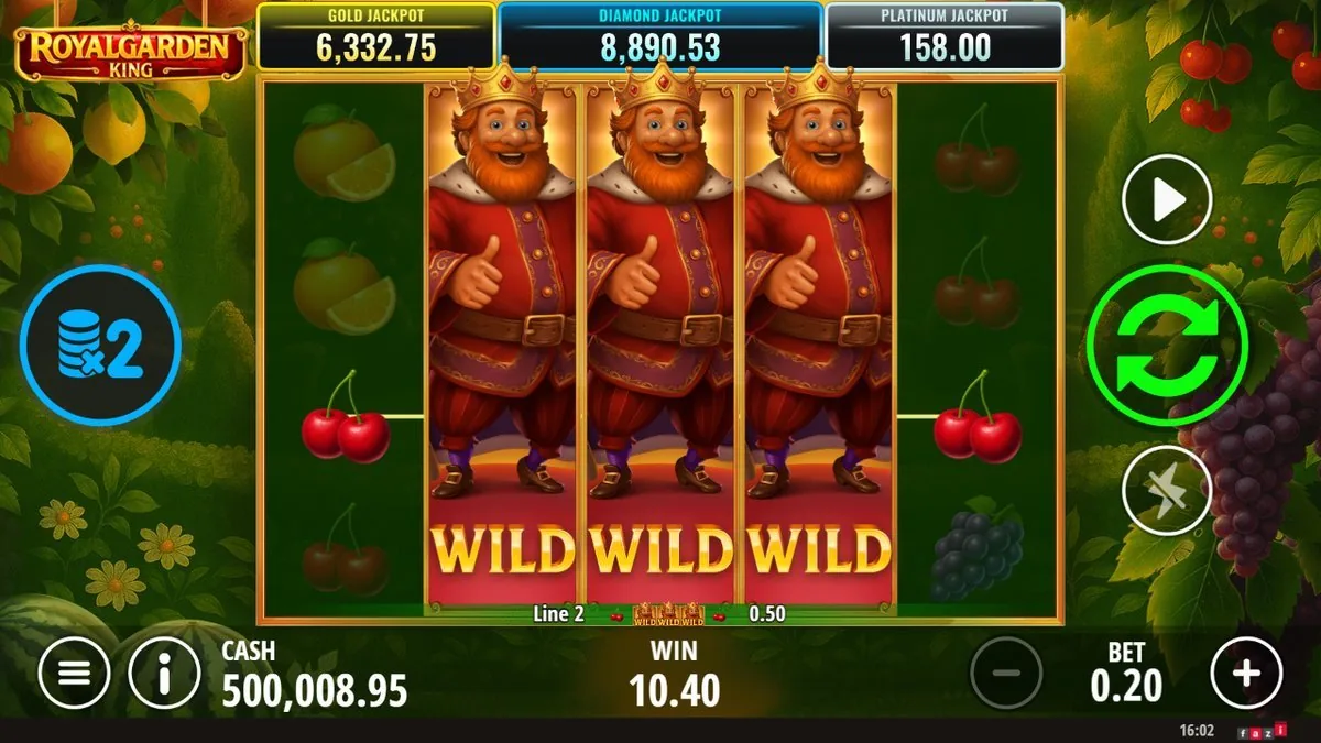 The bearded King stacking across reels two, three and four — WILD WILD WILD on Line 2 — for a WIN of 10.40 on my 0.20 bet, with a ×2 collection coin sitting to the left.