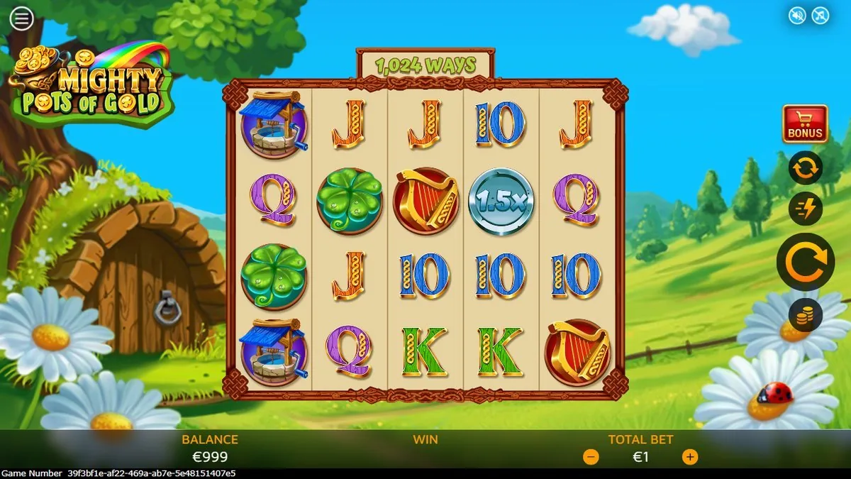 The meadow board on a base spin — clovers, wishing wells and golden harps over 1,024 ways, with a 1.5x pot multiplier coin showing on the middle reel. Balance €999, €1 total bet, the red BONUS buy button on the right.
