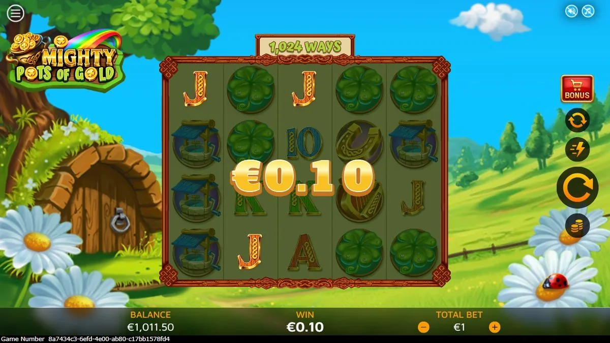 A cleared clover cluster paying a small €0.10 win in the base game — the kind of steady small change the reels tick in between features. Balance climbing to €1,011.50.
