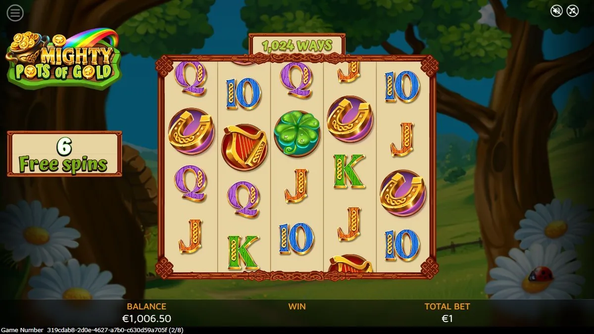 Into the free-spins round: the '6 Free spins' counter on the left, the reels spinning on spin 2 of 8. Balance €1,006.50.