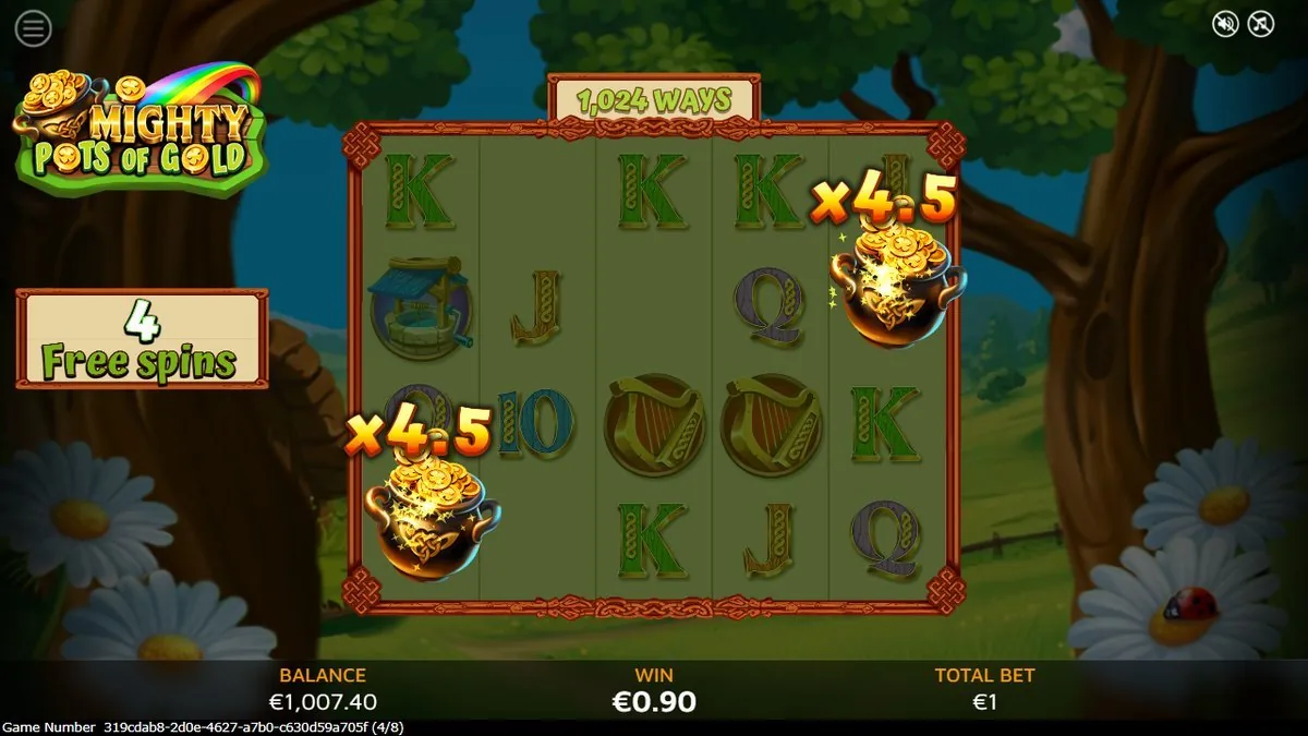 The payoff shot — two pot-of-gold Wilds landing together, each stamped ×4.5, with 4 free spins left. The board around them was thin, so the win read just €0.90 on spin 4 of 8.