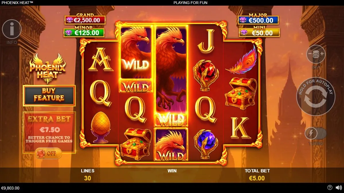 The phoenix Wild stacking two reels deep and expanding — the best-looking win in the base game, with the GRAND €2,500 and MAJOR €500 tiles glowing up top.