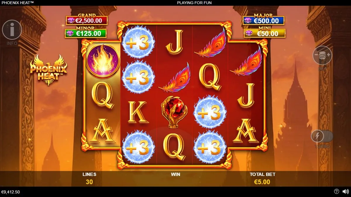 The Fire Blaze respin in full swing: five blue flaming coins locked across the grid, each carrying its own on-reel value, collecting toward the four jackpot tiers.