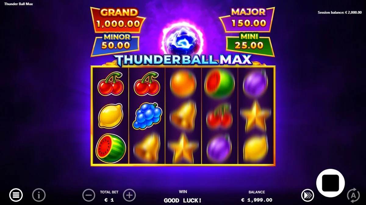 The base fruit reels — cherries, lemons, grapes, watermelon and golden stars — with the four jackpot tiles reading GRAND 1,000, MAJOR 150, MINOR 50 and MINI 25 across the top.