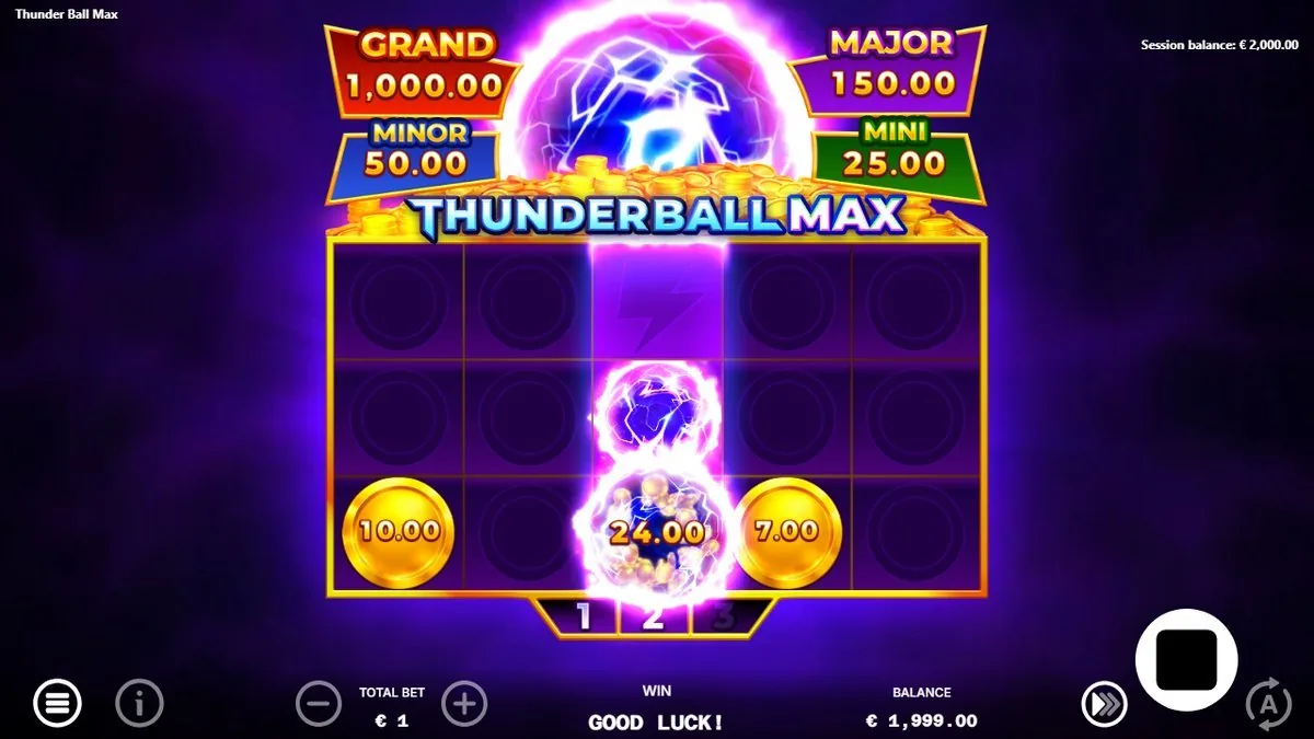 The Hold &amp; Win coin board mid-round: locked coin tiles showing 10.00, 24.00 and 7.00 values around the crackling thunder-ball, collecting toward the jackpots.