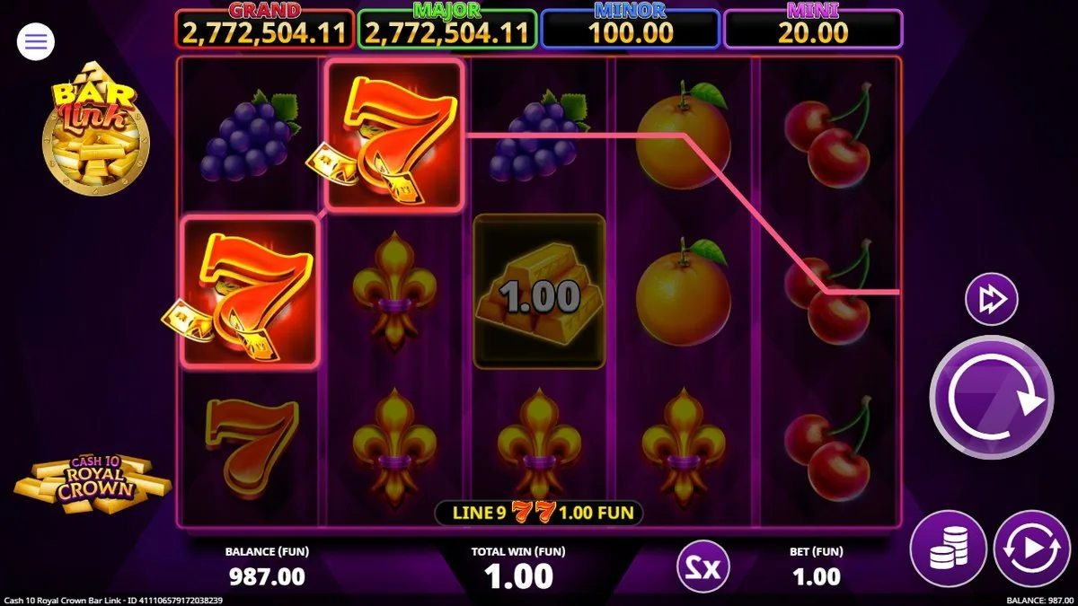 A paying line lighting up — Line 9, a pair of red 7s for 1.00 — with a 10.00 gold BAR sitting on the middle reel and the twin progressives reading past 2.77 million up top.