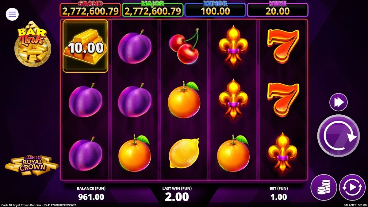 The BAR Link cash bars in action: a 10.00 gold-bar tile locked top-left, red sevens and fleur-de-lis filling the reels, jackpots ROYAL/MAJOR/MINOR/MINI across the header.