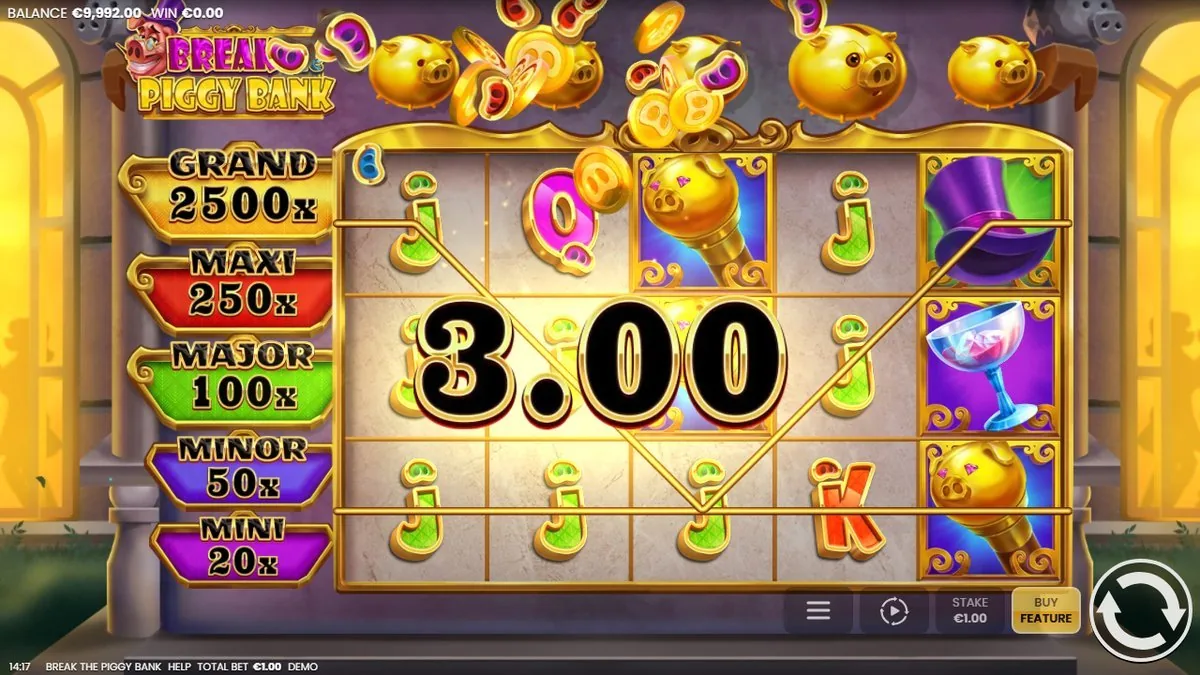 A 3.00 win popping across the reels, gold coins spilling from the piggies up top and the full jackpot ladder — GRAND 2,500x down to MINI 20x — glowing down the left rail.