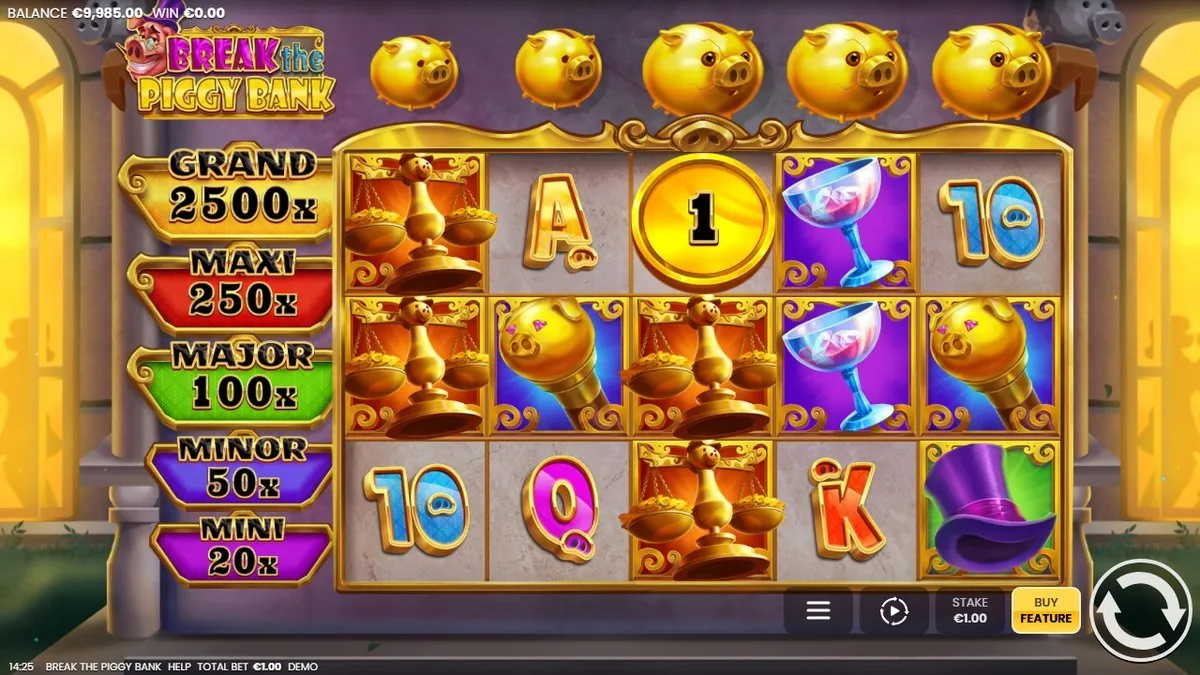 The money-collect in play: a golden coin disc marked 1 landed on the reels among scales, goblets and gold royals, with the five-tier ladder alongside.