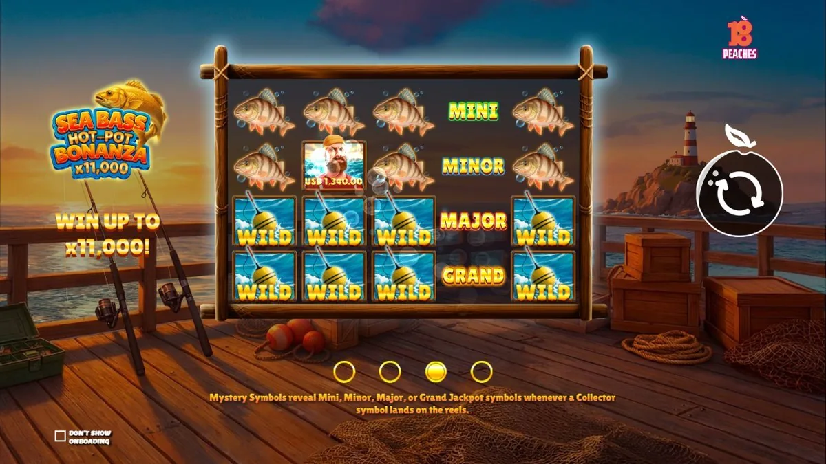 The money-collect feature in full swing: buoy WILDs filling the lower reels, the four-tier Mini / Minor / Major / Grand ladder lit down the right, and a fisherman collector sweeping USD 1,340.00 off the board.