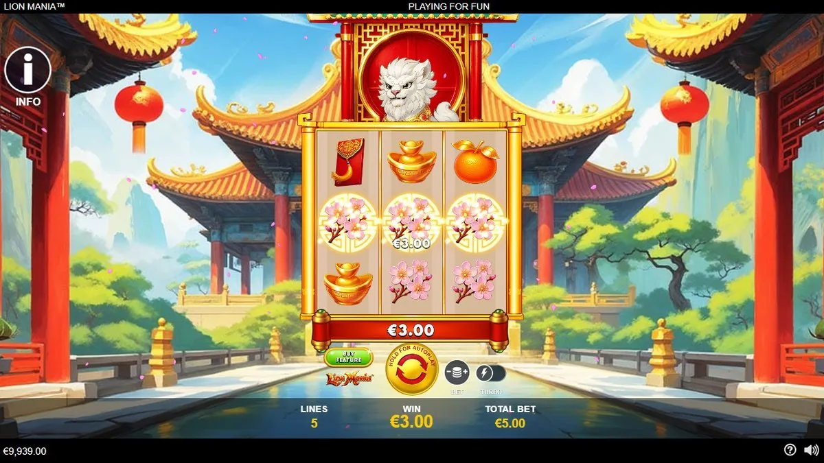 A cherry-blossom line landing across the compact 3×3 grid for a €3.00 win at €5.00 total bet — the clean, readable mid-size hit this small board hands out, balance ticking to €9,939.00.