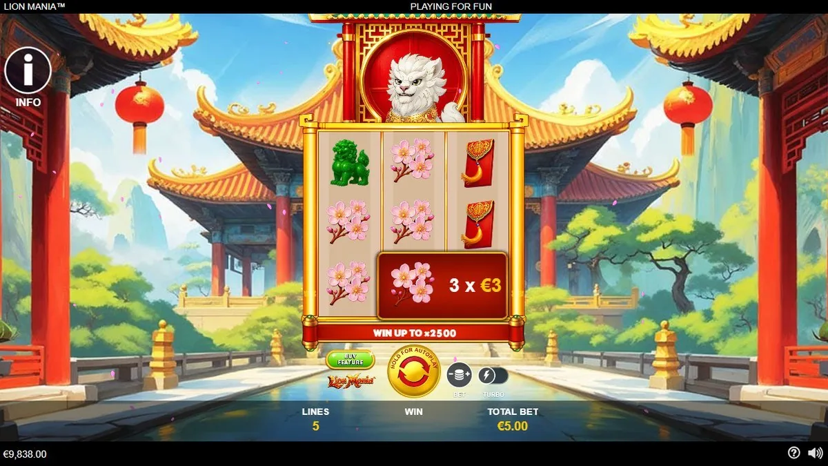 The feature panel offering “WIN UP TO x2500” with a locked 3 x €3 tile held on the reels — the respins engine mid-build, the guardian lion watching from the medallion above.