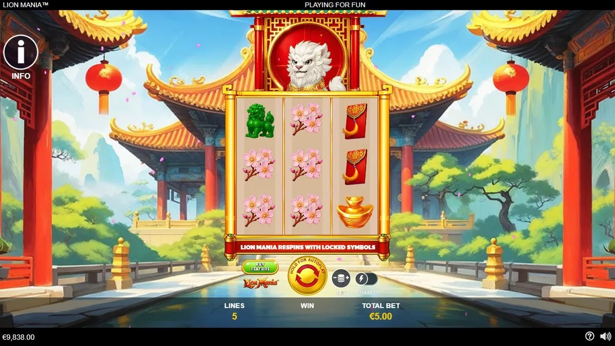 “Lion Mania respins with locked symbols” in play: red envelopes and a gold ingot held in place while the remaining reels respin, chasing the full screen one locked tile at a time.