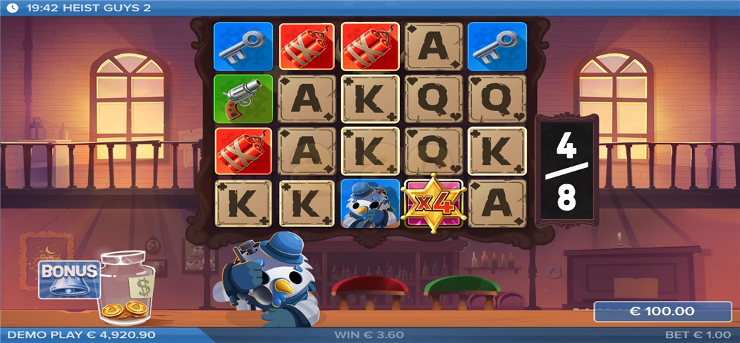 Spin 4 of 8, the ladder starting to climb: the saloon grid mid-bonus — keys, dynamite, the revolver and card royals — with the walking sheriff-star Wild already carrying an ×4 multiplier. Win so far €3.60.