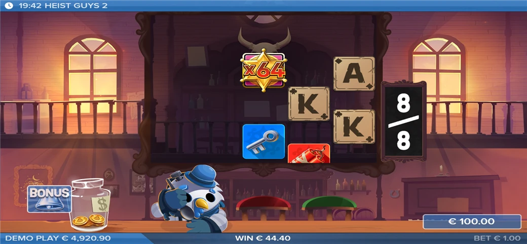 Last spin of the round, the multiplier ladder reaching ×64 on the sheriff-star. The cascade around it had thinned out by then, so the round closed at €44.40 on my €100 buy — a real climb, an honest landing.